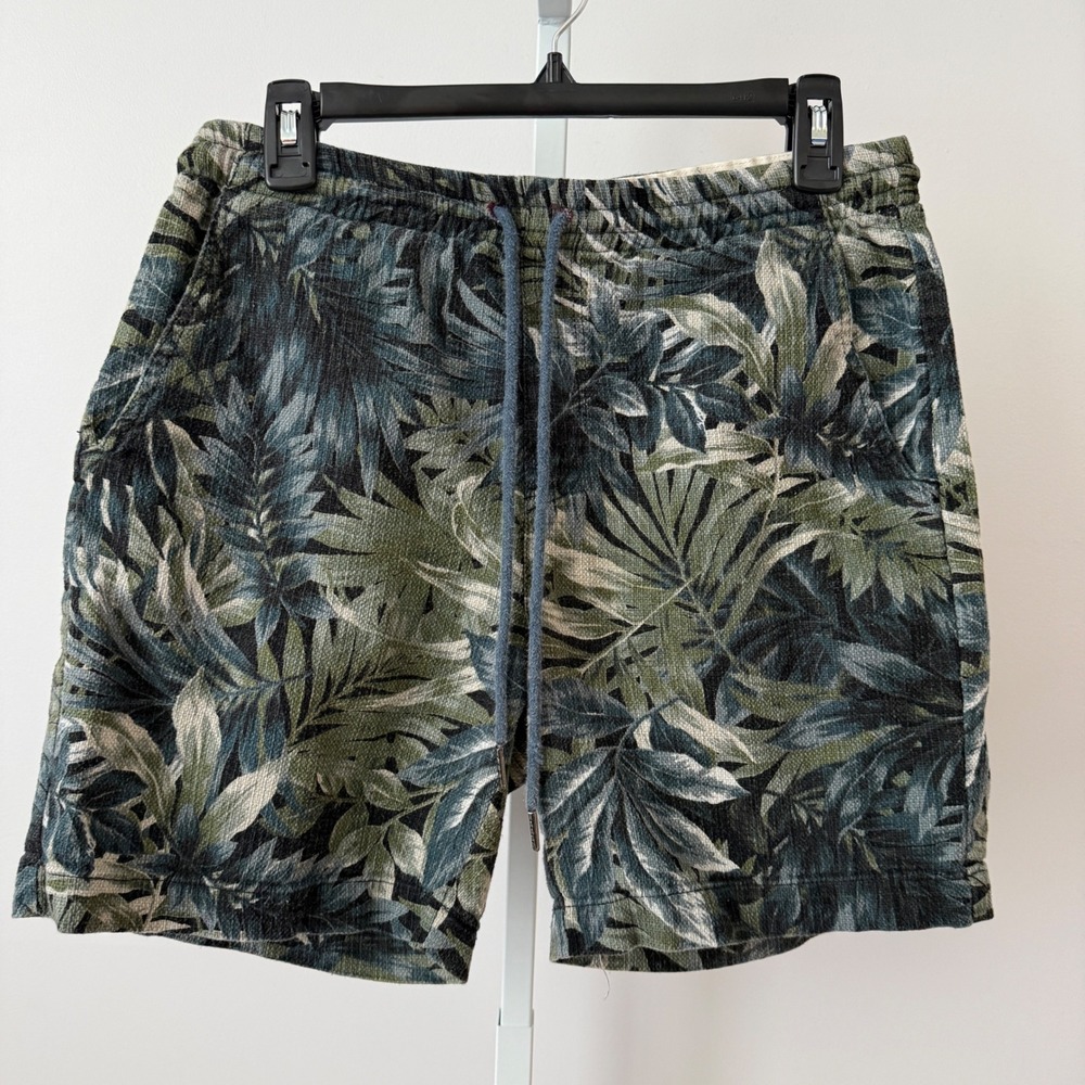 Nifty Genius sz S Green Tropical Palm Leaf Linen Drawstring Shorts ‎ Resortwear